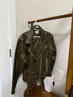Topshop Olive Green Leather Moto Jacket